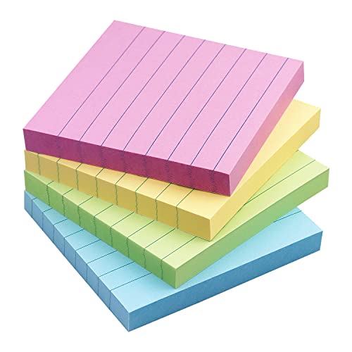 Lined Sticky Notes 3x3in, Self-Adhesive, 4 Pads, 90 Sheets/Pad, Pastel | Strong Self-Stick Adhesive, Sticks Securely and Peels Cleanly - color: Pastel