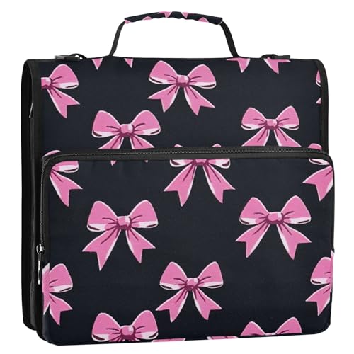 3 Ring Zipper Binder with Shoulder Strap Pink Bow Tie Black 2 Inch Zippered Binder Bag 500 Sheet Capacity Multi Pockets for School Supplies - color: Multi22