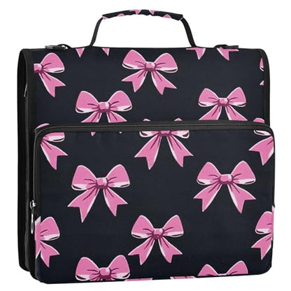 3 Ring Zipper Binder with Shoulder Strap Pink Bow Tie Black 2 Inch Zippered Binder Bag 500 Sheet Capacity Multi Pockets for School Supplies - color: Multi22