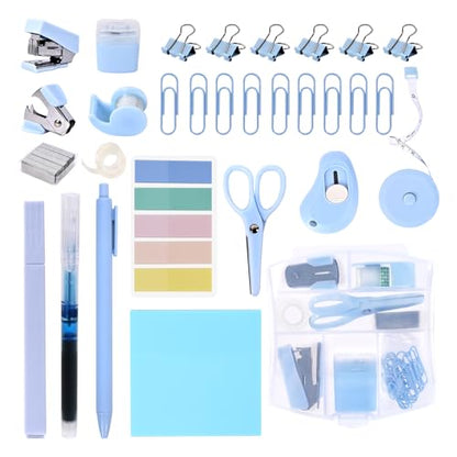 Mini Office Supply Kit, Blue Stapler with Staples and Tape Dispenser Set, Mini Stationary Kit Includes Sticky Notes Index Tabs Highlighters Gel Pens for Office & School (Blue) - color: Blue