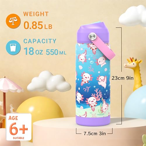 Boys Girls Axolotls Water Bottle for School，Kids 18 oz Insulated Stainless Steel Cup with Straw, Double-Wall Vacuum Leakproof Salamander - color: C15.Axolotls