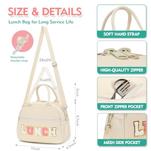 Lunch Bag for Girls and Women, Cute Preppy Lunch Bag with Chenille Letters, Insulated Large Capacity Lunch Tote with Detachable Strap for School, Work & Picnic, Beige - color: Beige