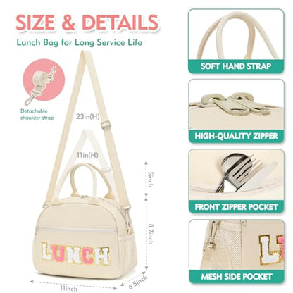 Lunch Bag for Girls and Women, Cute Preppy Lunch Bag with Chenille Letters, Insulated Large Capacity Lunch Tote with Detachable Strap for School, Work & Picnic, Beige - color: Beige