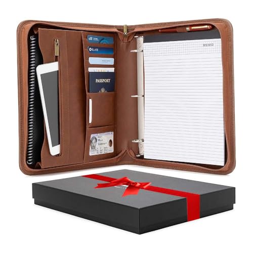 Forevermore Portfolios Padfolio Binder - Professional Faux Leather Travel Organizer Pouch for Tablet, Documents, Presentation Folders, Zipper Closure, Removable 3-Ring Notepad - Brown - color: Brown, size: 1-inch Removable Ring Binder, style: Portfolio wi