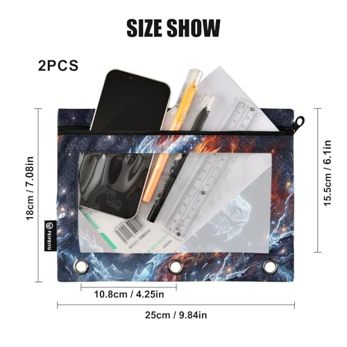 Dragon Galaxy Pencil Pouch for 3 Ring Binder, Binder Pencil Pouches with Clear Window Zipper Pencil Case for Office College Supplies, 2PCS (B0501) - color: B0501