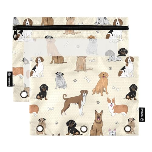 Dogs Paw Bones Pencil Pouch for 3 Ring Binder, Three Hole Pencil Case for Binder Bulk Pencil Bag with Clear Window and Zipper for Office School College, 2 Pack, 9.84*7.08in - color: Multicolor 26