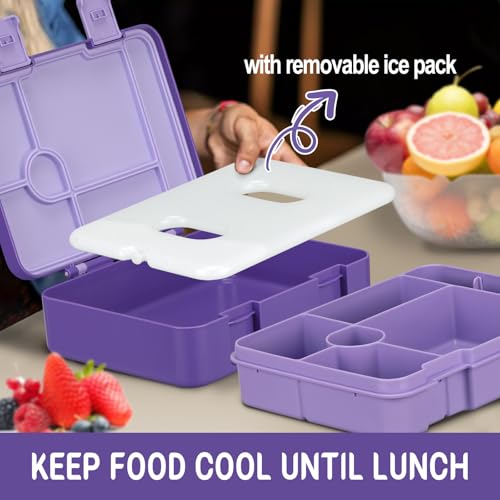 Kids Bento Lunch Box with Ice Pack, 5 Compartments Leak-Proof Bento Box with Utensils, 5.5-Cup Capacity for Adults & Ages 8+, BPA Free, Microwave & Dishwasher Safe, Purple - color: Purple