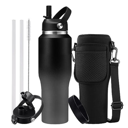 Metal Water Bottle fits-in Cup Holder 32oz, Stainless Steel Vacuum Flask with Straw & Pop-up Chug Lid, Leak Proof Wide Mouth Thermo Keep Cold-48h & Hot-24 for Women Men - color: Black&Grey, size: 32 Ounces