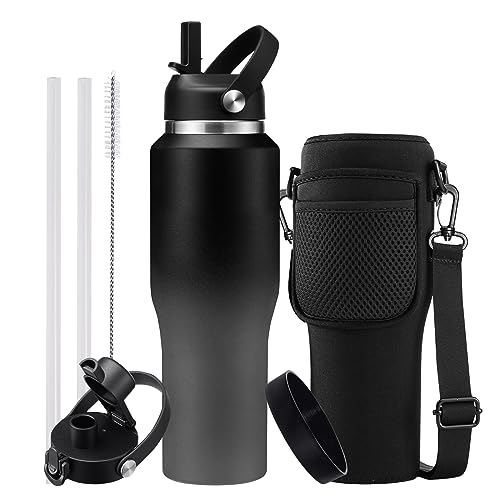 Metal Water Bottle fits-in Cup Holder 32oz, Stainless Steel Vacuum Flask with Straw & Pop-up Chug Lid, Leak Proof Wide Mouth Thermo Keep Cold-48h & Hot-24 for Women Men - color: Black&Grey, size: 32 Ounces