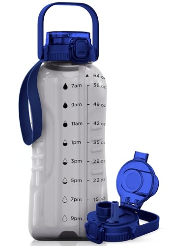 AQUAFIT 64 oz Water Bottle with Handle, 2in1 Lid | BPA Free Half Gallon Water Bottle with 2in1 Straw and Chug Lid - Leakproof Gym Water Bottle with Time Marker (Clarity) - color: Clarity