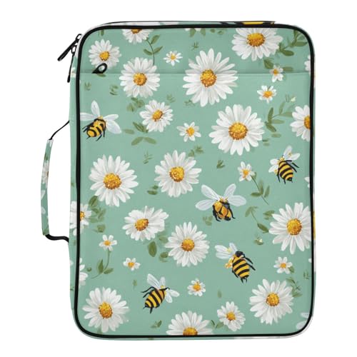 Mint Green Daisy Flowers and Bees Accordion File Organizer Expanding File Folder Zipper Binder 3 Ring with Handle 500 Sheets Capacity Document Organizer Storage Bag Multi Pockets Design - color: Mint Green Daisy Flowers and Bees