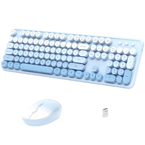 Links9+ Colorful Wireless Keyboard and Mouse Combo (Blue Gradient) | Full-Size Retro Typewriter Keyboard with Round Keycaps, 2.4GHz Wireless Keyboard for Windows, Mac, Laptop, PC, Desktop - color: Blue Gradient