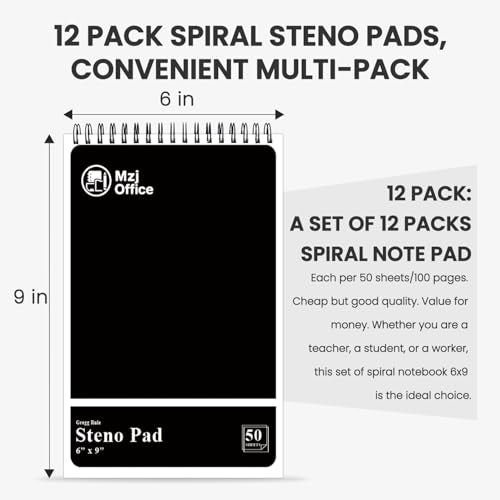Steno Pads Spiral 6x9 12 Pack | Steno Notebooks Top Spiral Notepad | Steno Notepad 50 Sheets Each | Gregg Ruled Spirals Notebook 6x9 | Notebooks for Work. - color: B-Black (12 Pack)