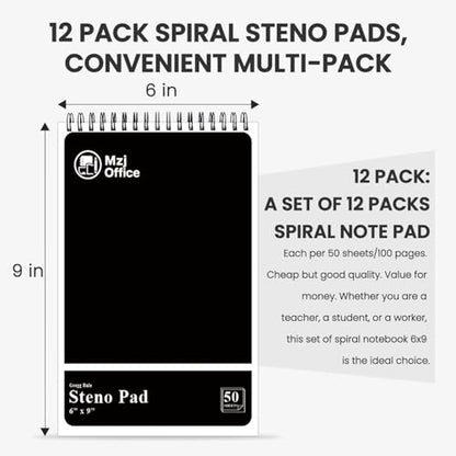 Steno Pads Spiral 6x9 12 Pack | Steno Notebooks Top Spiral Notepad | Steno Notepad 50 Sheets Each | Gregg Ruled Spirals Notebook 6x9 | Notebooks for Work. - color: B-Black (12 Pack)