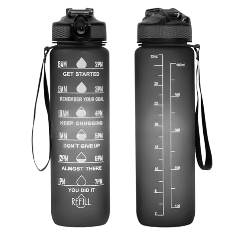 32 oz Motivational Water Bottle with Time Marker,Water Bottles with Times to Drink and Straw with Carrying Strap,Perfect For Fitness Gym Outdoor,BPA Free (Black) - color: Black