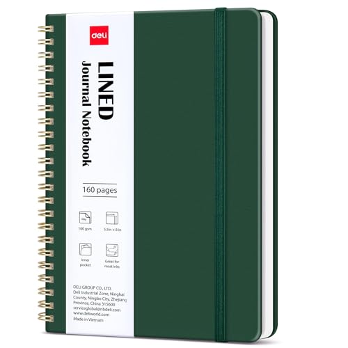 deli Dark GreenLined Spiral Journal Notebook, 160 Pages, A5 (5.5"x8") Hardcover Writing Notebook, College Ruled Spiral Bound Journal for Women & Men - Perfect for Work, School, Office & Note Taking - color: Dark Green