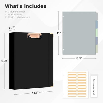 Ospelelf 3 Ring Binder, 1.5 Inch, Cute Letter Size (11" x 8.5") with 5 Tab Dividers, File Folder Labels and Low Profile Clipboards, Black Binder for School and Office Supplies - color: Black, size: 1.5in（Letter Size）