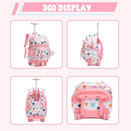 Meetbelify Rolling Backpack for Girls Boys Backpacks with Wheels Kids Carry on Luggage for Girls Boys - color: White Love