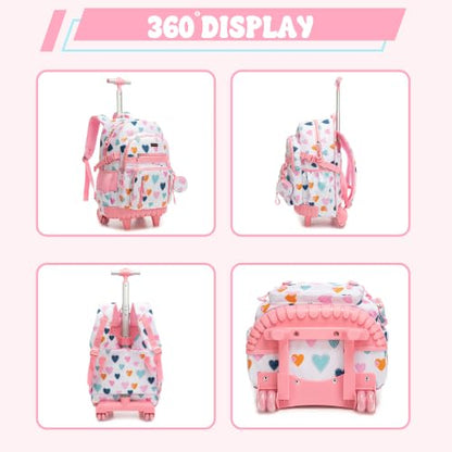 Meetbelify Rolling Backpack for Girls Boys Backpacks with Wheels Kids Carry on Luggage for Girls Boys - color: White Love