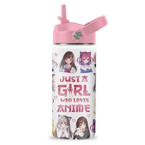 Anime Gifts for Women Girls, 16oz Stainless Steel Insulated Water Bottle with Straw Lid, Just A Girl Who Loves Anime Cup Tumbler Birthday Gifts for Kids Teen Girls School - color: Anime
