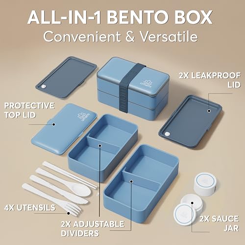 Umami Bento Box Adult All-In-1 w/4 Utensils, 2 Sauce Jar, 2 Dividers, 100% Leakproof, Microwave & Dishwasher Safe, Stackable Bento Lunch Box Containers for Men/Women, Denim Blue, 40 oz - color: Denim Blue, size: M - 40 oz