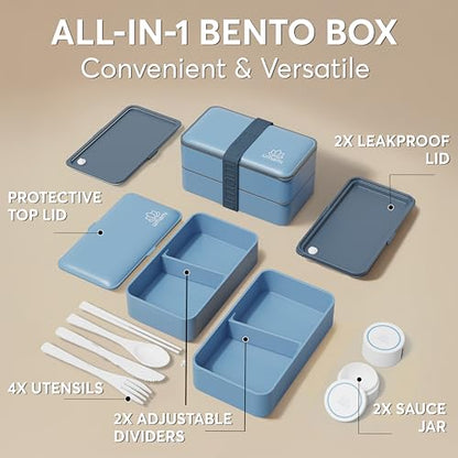 Umami Bento Box Adult All-In-1 w/4 Utensils, 2 Sauce Jar, 2 Dividers, 100% Leakproof, Microwave & Dishwasher Safe, Stackable Bento Lunch Box Containers for Men/Women, Denim Blue, 40 oz - color: Denim Blue, size: M - 40 oz