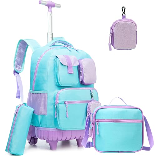Rolling Backpacks for Kids with Wheels Backpack for School Girls Teen with Lunch Bag Pencil Case Backpack for Girls Bookbags Backpack Toddler Daycare School Bag Elementary - color: Solid Green