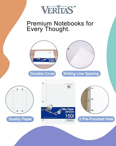 Loose Leaf Paper College Ruled, 8" x 10.5" Binder Filler Paper, 3 Hole Punched Notebook Paper, 3600 Sheets Total 24 Pack 150 Sheets/Pack, Bulk School & Office Supplies, Made in USA - color: College Ruled Filler Paper, size: 24 Pack (3600 Sheets)