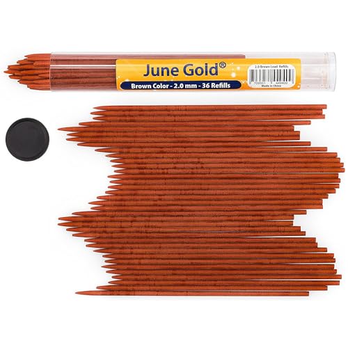 June Gold 36 Brown (Bronze #134) Colored 2.0 mm Lead Refills, 90 mm Length | Bold Thickness for Heavy Use, Break / Smudge Resistant, Travel Carrying Tube, Pre-Sharpened - color: Brown (Bronze #134)