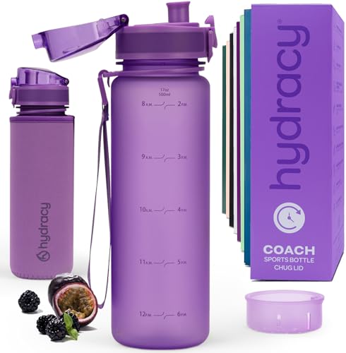 Hydracy Water Bottle with Time Marker - 500 ml 17 oz BPA Free Water Bottle -Leak Proof & No Sweat Gym Bottle with Fruit Infuser Strainer -Ideal Gift for Fitness, Sports & Outdoors - Berry Blue | Leak Proof Gym Bottle with times to drink and no sweat Sleev