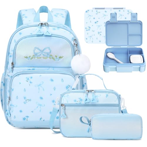 Kids Backpack for Girls - 4PCS Girls Backpack Bento Box with Lunch Bag & Utensils Set for Kids - 4 Leakproof Compartments Removable Tray Lunches or Snack Container for School - color: 4pcs C Blue Bow