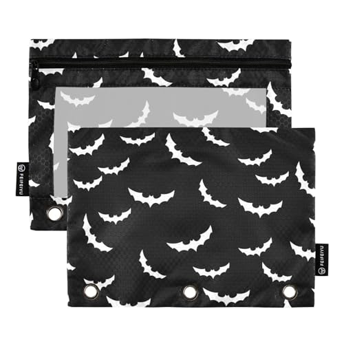 Bats Halloween Goth Pencil Pouches for 3 Ring Binder2 Pack | Ring Binder Pencil Case With Zipper Reinforced GrommetsPencil Bags for Office Organizers - color: Bats Halloween Goth