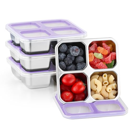 BEFOY 4 Pack Stainless Steel Snack Containers with Lids 4 Compartment Food Storage Containers for Adults & Kids Meal Prep Containers Reusablele (Purple, 4) - color: Purple, size: 4