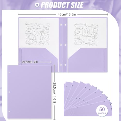 Yeaqee 50 Pcs Plastic Folders with Pockets Bulk 3 Hole Punched 2 Pocket File Folders for 3 Ring Binder Divider Folder for Notebooks, Durable Poly for Office Home (Light Purple) - color: Light Purple
