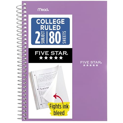 Five Star Spiral Notebook, 2 Subject, College Ruled Paper, 6" x 9-1/2", 80 Sheets, Fights Ink Bleed, Water Resistant Cover, Amethyst Purple (840029CF1-ECM) - color: Purple, size: Pack of 1
