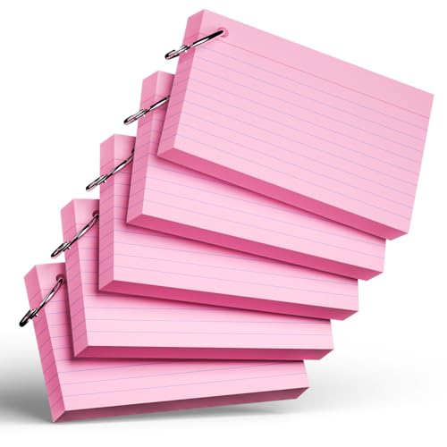 250 Count Pink Index Cards with Ring 3 x 5 Inch Heavyweight Ruled Index Cards, Flash Cards for School & Office Supplies and Home Organization, Durable Study To Do List Note Cards with Ruled Lines - color: Pink (Ring)
