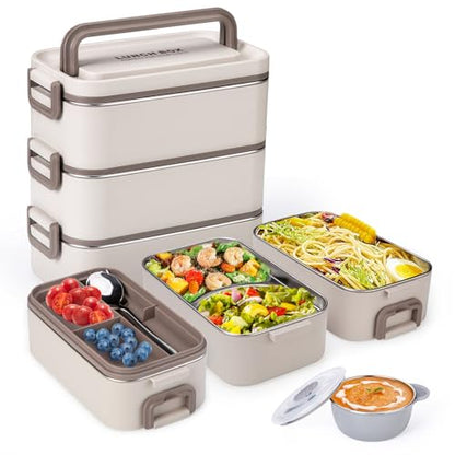 Bento Box Adult Lunch Box, Stackable 3 Layer 304 Stainless Steel Lunch box for Adults Kids Office, 3L Large Capacity Portable Lunch Box Containers with Soup Bowl Spoon and Fork - size: 3 Layers
