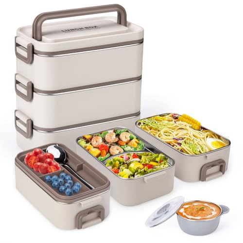 Bento Box Adult Lunch Box, Stackable 3 Layer 304 Stainless Steel Lunch box for Adults Kids Office, 3L Large Capacity Portable Lunch Box Containers with Soup Bowl Spoon and Fork - size: 3 Layers
