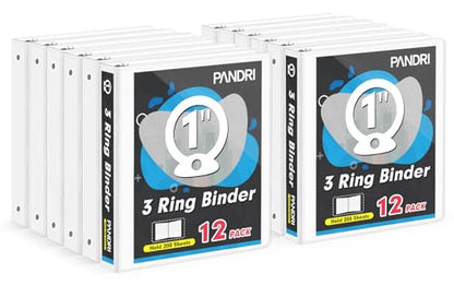 3 Ring Binder 1 Inch, PANDRI 12 Pack 1-Inch Binder Fits Letter Size 8.5'' x 11'' Paper, Versatile Binders for Office Home School, 2 Pockets, White