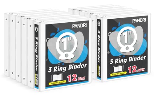 3 Ring Binder 1 Inch, PANDRI 12 Pack 1-Inch Binder Fits Letter Size 8.5'' x 11'' Paper, Versatile Binders for Office Home School, 2 Pockets, White