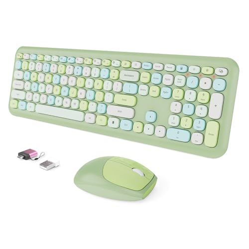 Wireless Keyboard and Mouse Combo, Colorful Ergonomic Full Size Retro Low-Noise Keyboard with Cute keycaps, Compatible with Windows, PC, Perfer for Home and Office Keyboards (Green) - color: Verdant Green