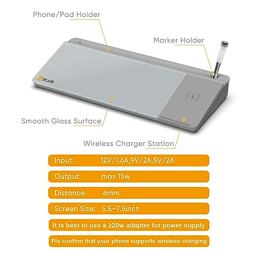 SELEAD Desktop Glass Whiteboard with Wireless Charger Station, Dry Erase White Board Computer Pad Keyboard Stand with Organizer for Home, School, Office Desk Accessories, Gray - color: Grey-wireless Charger