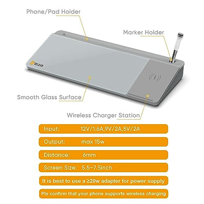 SELEAD Desktop Glass Whiteboard with Wireless Charger Station, Dry Erase White Board Computer Pad Keyboard Stand with Organizer for Home, School, Office Desk Accessories, Gray - color: Grey-wireless Charger