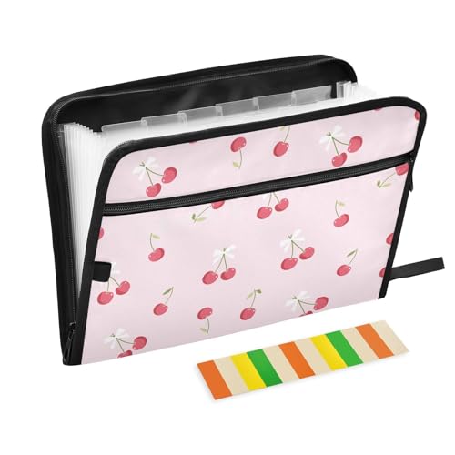 Pink Cherry White Bow File Folders,Plastic Folders with 13 Pockets,Expandable File Folder for Documents School Students Office,Aesthetic Folder with Labels A4 Letter Size - color: Multi 23