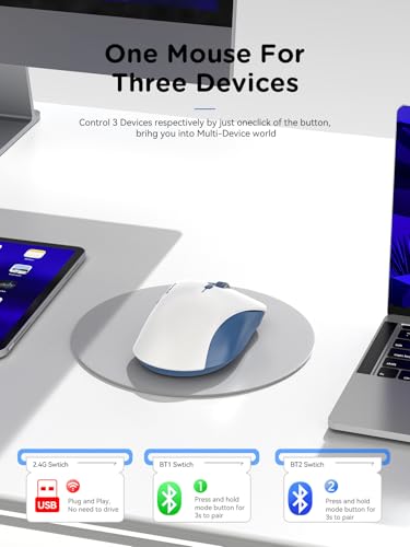 RAPIQUE Bluetooth Wireless Mouse - Dual Bluetooth & 2.4 GHz USB Receiver, Ergonomic Design, Quiet Clicks, Low Power - Multi-Device Compatibility for MacBook, Laptop, Computer (Blue and White) - color: White and Blue