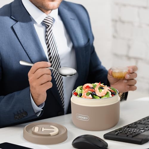 Dandat 2 Pcs Portable Insulated Lunch Containers Thermal Bento Box with Bag Fork Knife Stainless Steel Lunch Box 15.2 oz 21 oz Separate Stackable Food Jar for Adult Men Women(Khaki) - color: Khaki