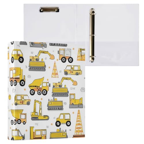 Pattern Cute Construction Vehicles Round Ring Binders 1.5 Inch 3 Ring Binder with Clipboard Holds 200 Sheets Office Home School - color: Multicolored 12