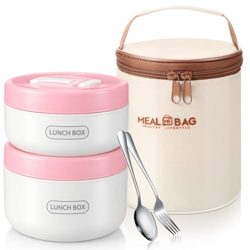 Dandat 2 Pcs Portable Insulated Lunch Containers Thermal Bento Box with Bag Fork Knife Stainless Steel Lunch Box 15.2 oz 21 oz Separate Stackable Food Jar for Adult Men Women(Pink) - color: Pink