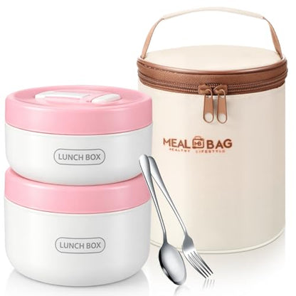 Dandat 2 Pcs Portable Insulated Lunch Containers Thermal Bento Box with Bag Fork Knife Stainless Steel Lunch Box 15.2 oz 21 oz Separate Stackable Food Jar for Adult Men Women(Pink) - color: Pink