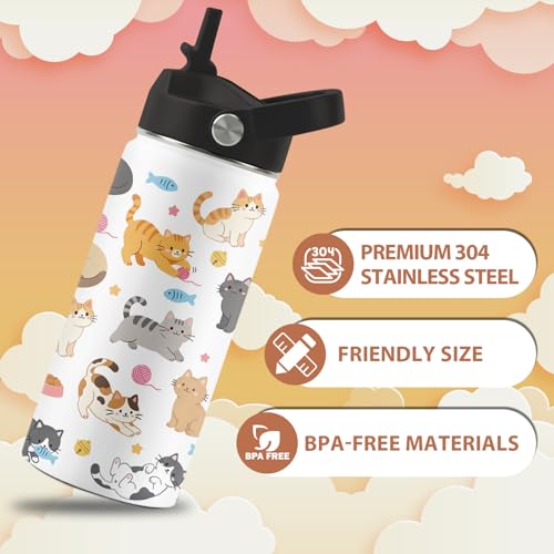 Cat Gifts for Cats Lovers, Cute Water Bottle with Straw Lid, 16 oz Cat Water Bottle, Stainless Steel Insulated Tumbler, Cute Cats Birthday Cups Gifts for Boys Girls - color: Cats